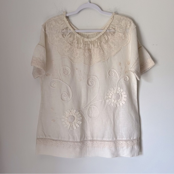 Source Unknown Tops - Women's Linen Cotton Cream Embroidered Lace Women's Top Summer Chic Boho